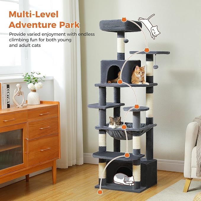 64.5-inch Plush Cat Tree for Indoor Cats with Large Metal Frame Hammock - Multi-Level Cat Tower with 2 Top Perches, 2 Condos, 7 Scratching Posts & Pompoms, Sturdy Pet House Toys, Dark Grey