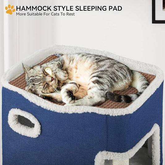 YITAHOME 2-Tier Cat House, Indoor Cat Cave Bed Playhouse, Flannel & Cool Mat, Covered Cat Beds with Scratch Pad and Hideaway Cave, Cute Modern Cat Condo Furniture for Multi Small Cats, Blue