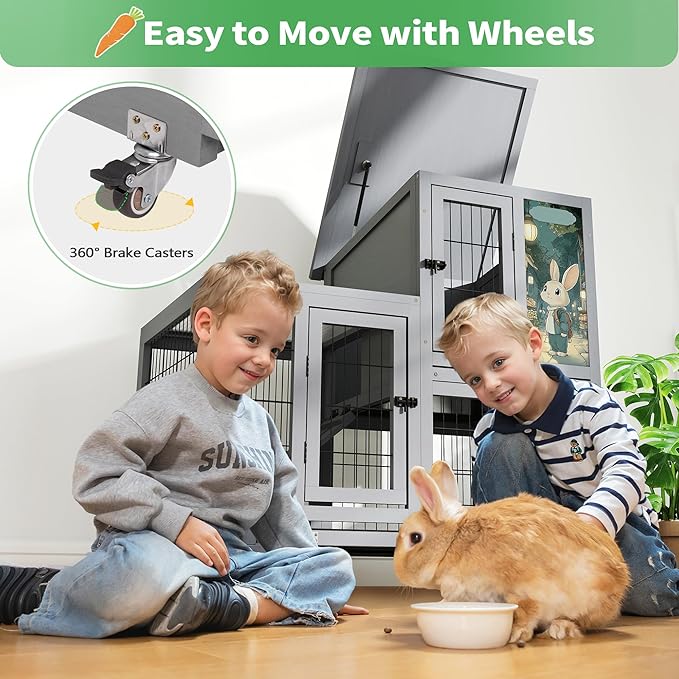 COZIWOW Rabbit Hutch Indoor with Wire Bottom, 2-Level Large Wooden Bunny Cage on Wheels Outdoor for Multiple Small Animals, Grey + Colorful Patterns