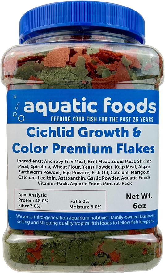 Aquatic Foods Inc. Cichlid Growth & Color Enhancing Flakes for Cichlids, Discus, All Tropicals. Aquatic Foods Premiun Flakes…6oz Med Jar