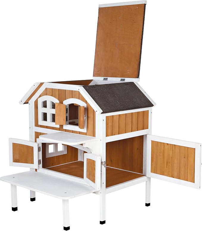 TRIXIE 'Welcome' Outdoor Cat House, Elevated-Weatherproof 2-Story Cat Home, Hinged Roof, Large Access Door, Indoor/Outdoor Shelter for Cats, Brown/White Fir Wood