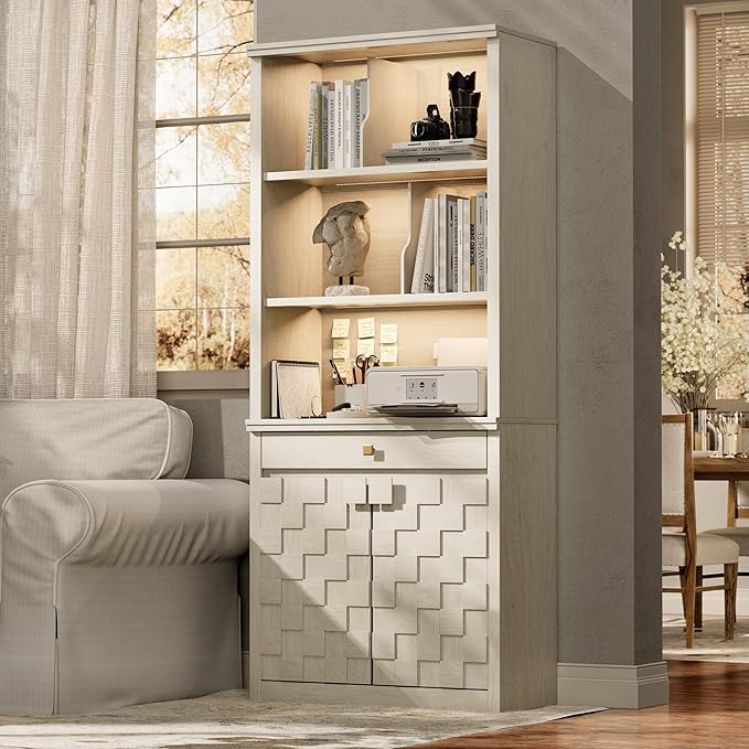 Fluted Bookcase with LED Light, 72.2" Tall Freestanding Bookshelf with Drawer and Doors, Modern Storage Book Case with 3-Tier Open Shelves for Home Office, Living Room, Bedroom (1, White Oak)