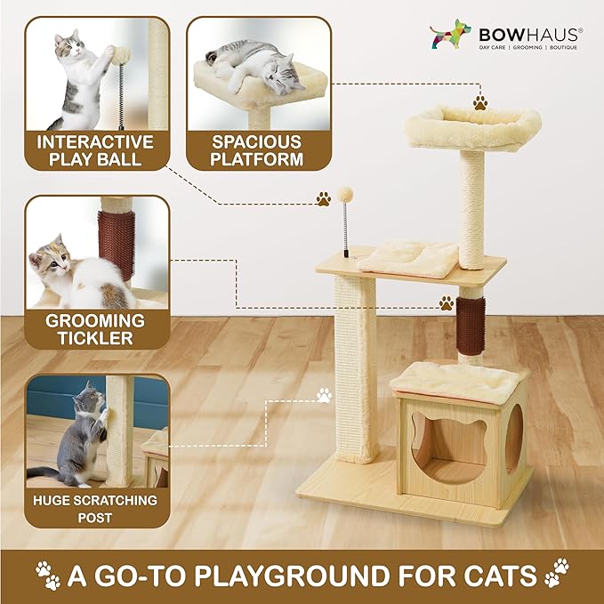 42” Wooden Cat Tree Tower for Indoor Large Cats & Kittens, Modern Tall Cat Climbing Tree w/Cave Condo, Scratching Posts, Perch, Multi-Level Cat Tower w/Interactive Ball & Detachable Cushion