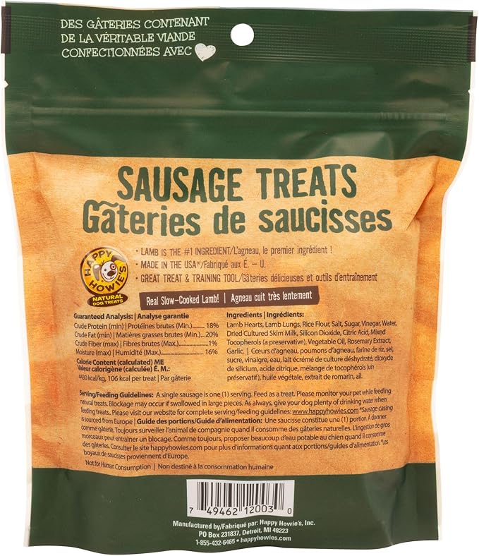 Happy Howie's Sausage Treats - Healthy, Flavorful Slow Cooked Lamb Dog Treats, Natural Ingredients, Hormone Free - Lamb (Pack of 3)