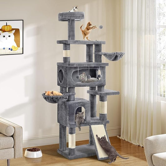 Cat Tree for Indoor Cats Large Adult, 76'' Tall Cat Tower with Scratching Post, Multi-Level Plush Cat Condo for Adult Cats, Cat Tree Tower with Hanging Balls/Wide Base/Cozy Basket and Hammock