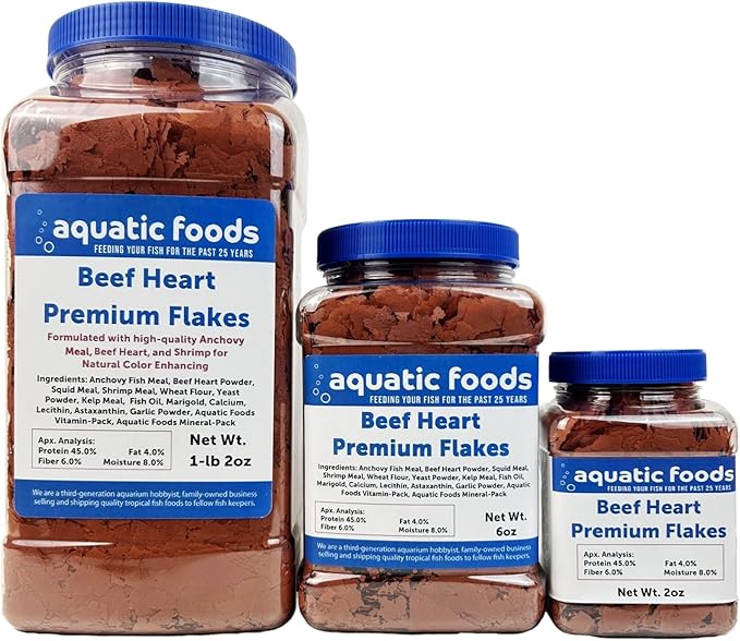 Aquatic Foods Inc. Premium Beef Heart Flakes for Discus, Cichlids, Carnivore Tropical Fish Also Pellet Mix, Wafer Mix Included…1-lb 2oz Jar