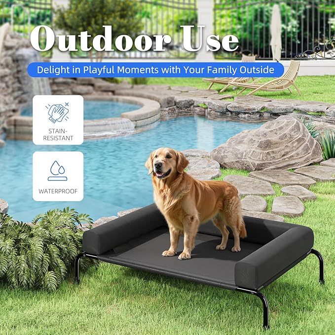 Simple Trending Elevated Dog Bed for Large Dogs, Cooling Raised Dog Cot with Bolsters, Breathable Pet Bed for Outdoor, 47.75" x 31", Black