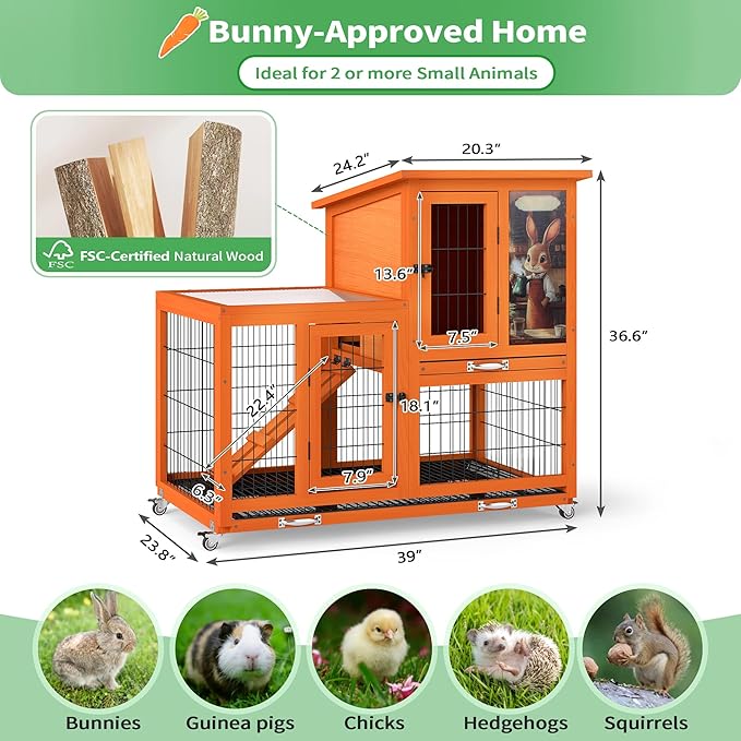 COZIWOW Rabbit Cage Indoor with Wire Bottom, 2-Level Large Wooden Bunny Hutch on Wheels Outdoor for Multiple Small Animals, Orange + Colorful Patterns