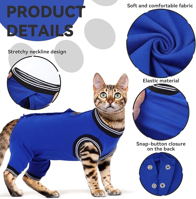 T'CHAQUE Cat Surgery Recovery Suit for Female Male, Cat Onesie Pet Surgical Pajamas Hind Legs Long Sleeve, Abdominal Wound Skin Diseases, E-Collar Alternative, Spay/Neuter Recovery Suit, RoyalBlue-M