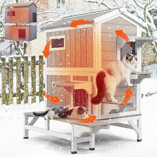 Insulated Cat House Outdoor Weatherproof with Balcony All-Round Insulation Outside Wooden Feral Cat Shelter for Winter with 3 Jumping Platforms and Openable Roof for Cats and Small Animals