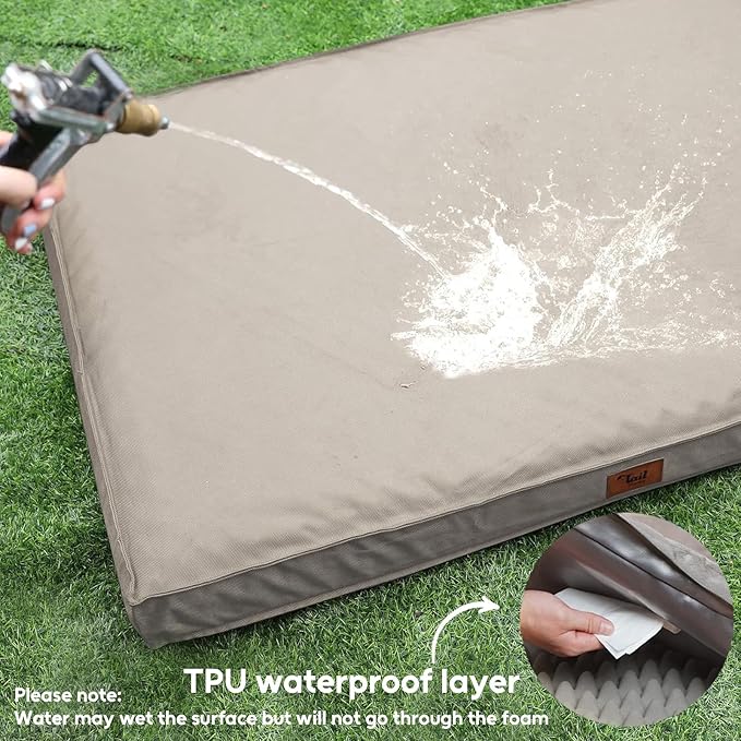 Outdoor Dog Bed for Small Dogs, Waterproof Dog Crate Bed for Small Dogs, Orthopedic Egg Crate Foam Puppy Beds with Washable and Removable Oxford Cover, Khaki