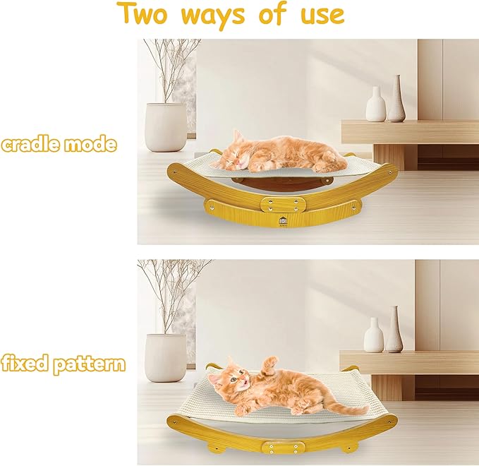 Sisal Cat Scratcher for Indoor Cats, Rocking Beds and Fixed Beds 2-IN-1Cat Hammock for Scratching Pad Cat Bed, Include 2 pcs Nartural Sisal Mats for Large Cats Scratcher Lounge, Wooden Cat Furniture