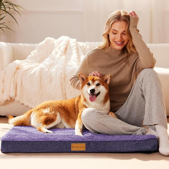 Patas Lague Orthopedic Dog Bed for Small Dogs 20''X15'', Soft Waterproof Egg Crate Foam Small Pet Crate Beds Mat with Removable Washable Cover and Non-Slip Bottom, Purple