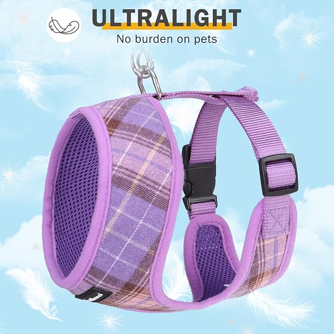 SCENEREAL Puppy Dog Harness with Leash Set for Small Medium Sized Dogs, Soft Mesh Step in Pet Harnesses and Leash, No Chock Plaid Adjustible No Pull Vest for Dogs Cats, Chihuahua,Bulldog (Purple M)