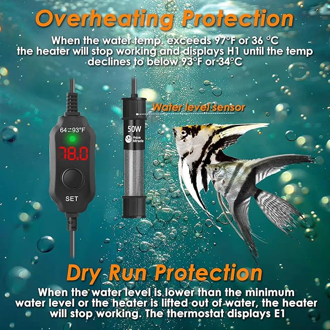 AquaMiralce 50W Aquarium Heater with Compact Size, Submersible Fish Tank Heater with LED Digital Display Thermostat, Adjustable Fish Heater Turtle Heater for 5-10 Gallon Tanks