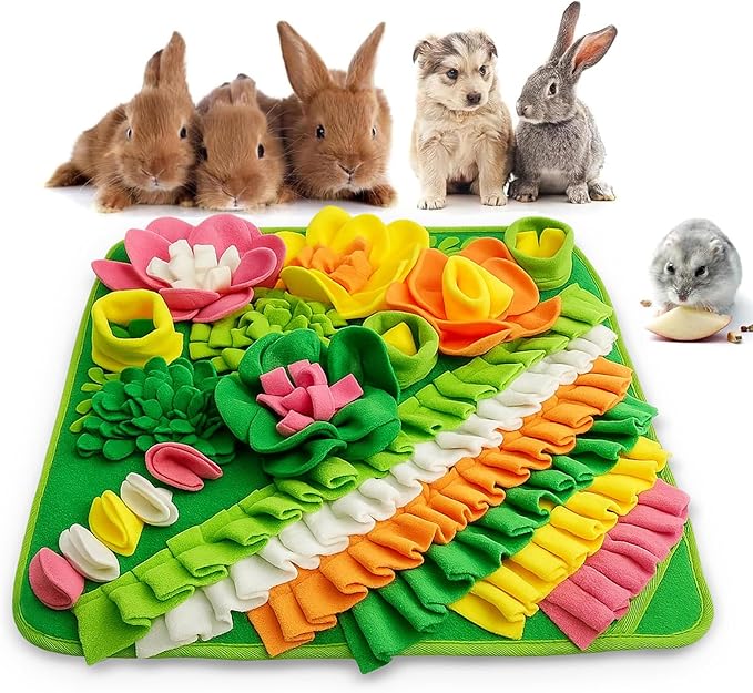 Adpartner Rabbit Foraging Mat, 20"x20" Pet Snuffle Mat Interactive Snuffle Feeding Toy for Rabbits Guinea Pigs Chinchillas, Washable Pet Feed Game Bunny Toys to Stimulate Natural Foraging Skills