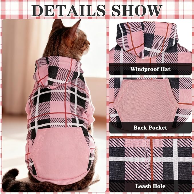 EXPAWLORER Plaid Cat Hoodie - British Style Warm Cat Sweater Shirt with Leash Hole,Pet Clothes Outfits,Winter Coat Apparel for Puppy Cats Girl Boy-Kitten Apparel,Pink M