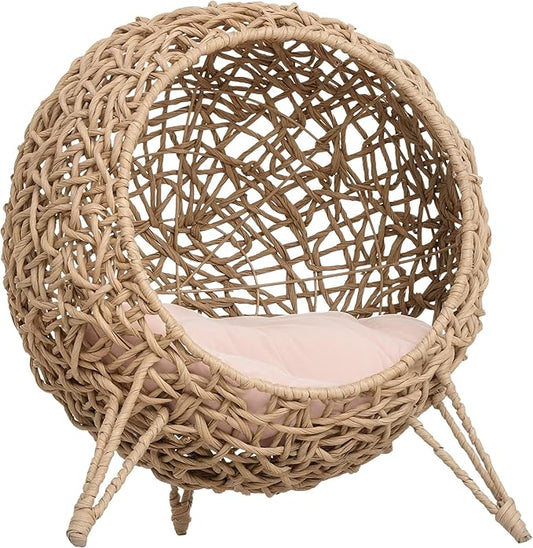 PawHut 20.5" Weaved Cat Bed, Elevated Hand-Woven Braided Banana Leaf Kitten House Condo with Cushion, Beige