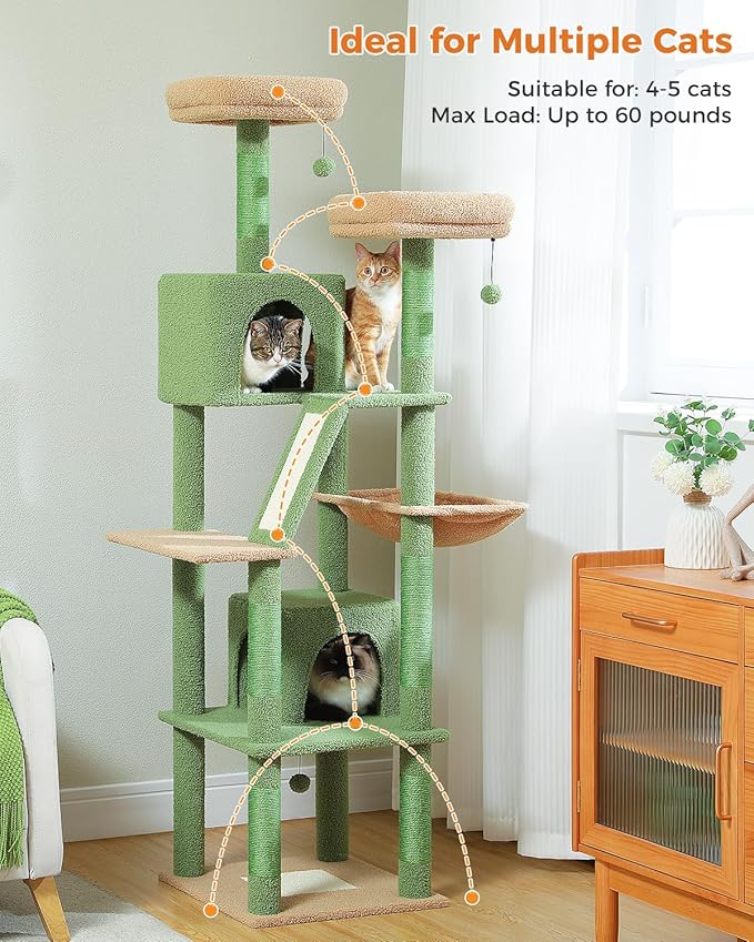 Cactus Cat Tree, 70.9" Tall Cat Tree for Indoor Cats, Large Cat Tree for Large Cats, Multi-Level Tall Cat Tower with 6 Scratching Posts, 2 Cat Condos, 2 Perches, Large Hammock, Pompoms, Green