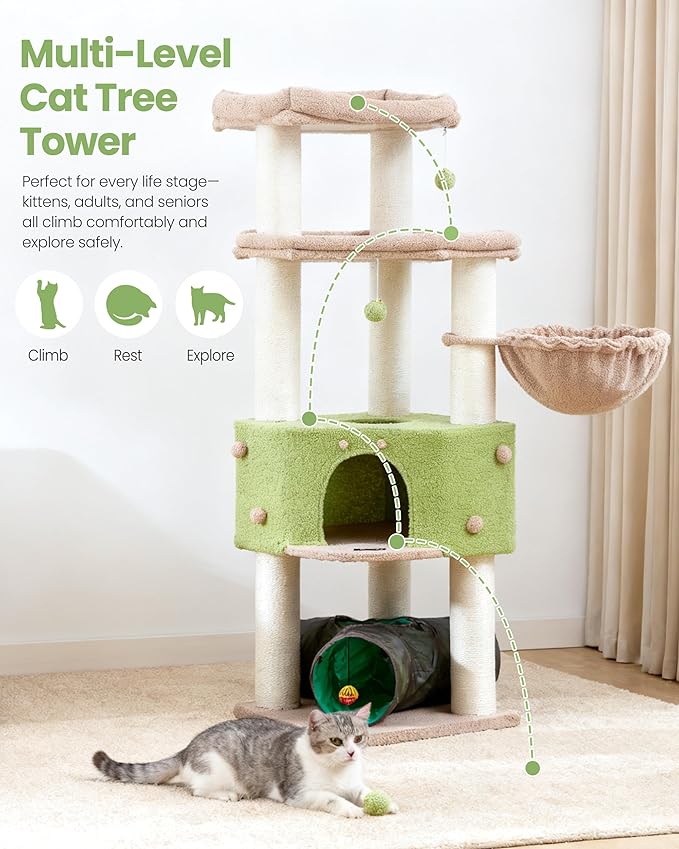 Cat Tree Tower for Indoor Cats Large Adult - Tall Kitty Condo House with Hammock Scratching Post Tunnel - 60 Inch Big Kitten Bed Condos Trees - Heavy Duty Kittens Houses Stand for Multiple Maine Coon