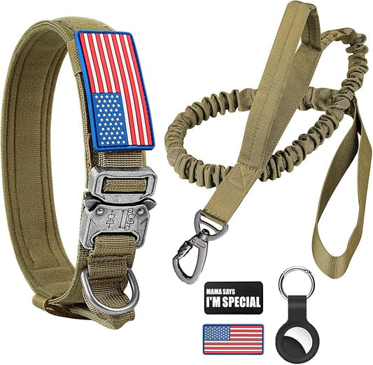 Tactical Dog Collar and Bungee Leash, Camo Military Dog Collar & Leash Set with USA American Flag Adjustable K9 Collar with Heavy Duty Metal Buckle & Handle,with Patches and Airtags Case (XL, Brown)