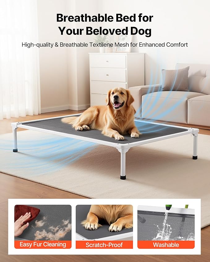 VEVOR Chew Proof Elevated Dog Bed, Portable Raised Dog Cot with Aluminum Tube Metal Frame and Breathable Textilene Mesh, Indoor & Outdoor Pet Cooling Raised Hammock Bed, XL, Gray