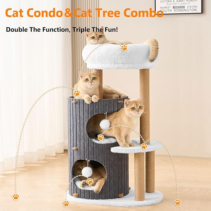 Modern Cat Tree for Indoor Cats Large Adult, 36in H Cat Condo Tower with Scratching Posts, Cozy Cat Bed Cave, Washable Cushions, Dangling Balls, Play&Nap Cat House for All Breeds of Cats, Gray