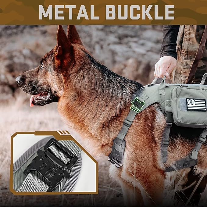 Forestpaw Tactical Dog Harness for Large Dogs,Tactical Dog Collar with Bungee Leash Set,No Pull Military Dog Harness for Walking Training,Adjustable for Medium Large Dogs,Gray,Chest 15.5-25.5"