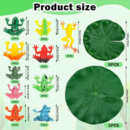 24 Pieces Mini Plastic Frog Toys and Artificial Lily Pads, Include Colorful Realistic Frogs Rainforest Animals Figures Character Toys and Floating Foam Leaves for Pool Decor Party Favor