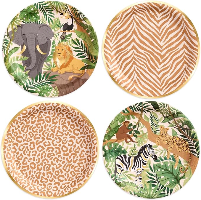 xo, Fetti Animal Print Safari Paper Plates, 4 Designs | 24 pcs 9" | Kids Decorations, Jungle Party Setting, Wild Birthday Decor, Rainforest Tablescape, Zoo Table Decor