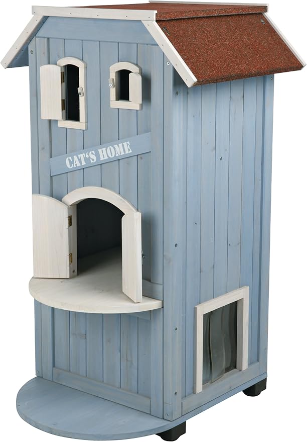 TRIXIE 'Cat's Home' Outdoor Cat House, Weatherproof 3-Story Cat House, Hinged Shutters with Latch & Perch, 2 Doors, Outdoor Shelter for Cats and Small Animals, Blue / White Pine Wood