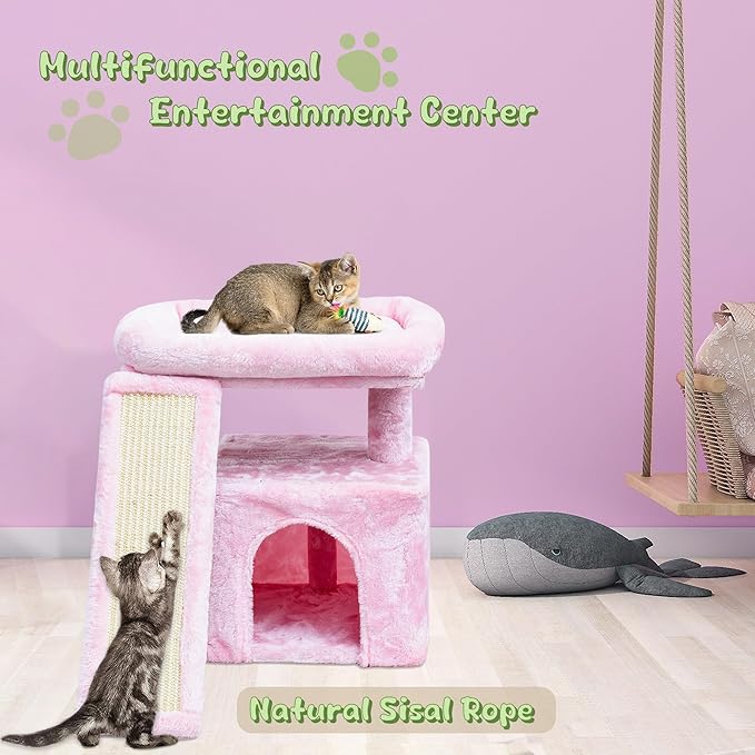 Small Cat Tree for Indoor Cats, Cat Tower with Perch, Condo, House and Stable Stand for Kittens & Adult Pets（Pink）