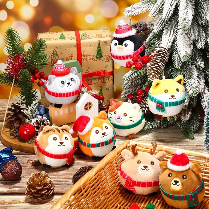 Aoriher 8 Pcs Mini Woodland Animals Plush Toys 3.15 Inch Soft Stuffed Animals Ornaments Bulk Colorful Woodland Keychain for Birthday Baby Shower Party Decors Classroom Prizes(Cap and Scarf)
