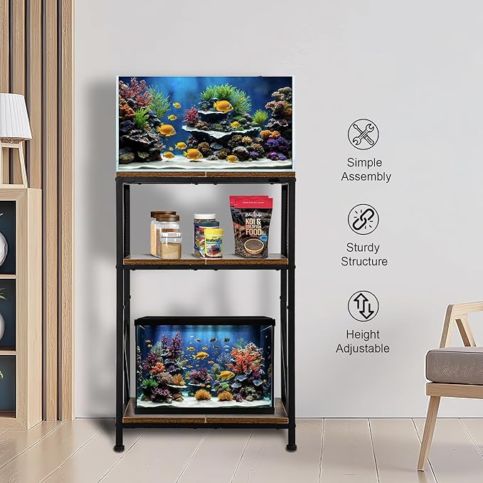 10 Gallon Fish Tank Stand, Aquarium Stand with 3-Tier Storage Shelves, Rustic Brown Metal Frame Turtle Tank,Adjustable Height Design (10 Gallon)
