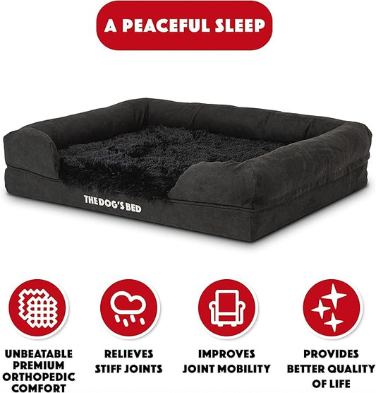 The Dog’s Bed, Medium Black Faux Fur 30x23.5, Memory Foam, Pain Relief: Arthritis, Hip & Elbow Dysplasia, Post Surgery, Lameness, Supportive, Calming, Washable Cover, Veterinary Approved