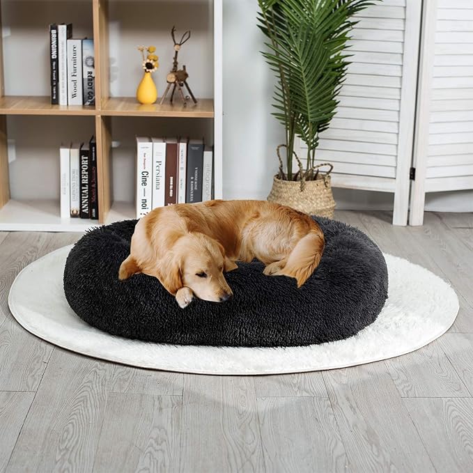 Coohom Oval Calming Donut Cuddler Dog Bed,Shag Faux Fur Cat Bed Washable Round Pillow Pet Bed(30"/36"/43") for Small Medium Dogs (XL(36"x27"x7"), Dark Grey)