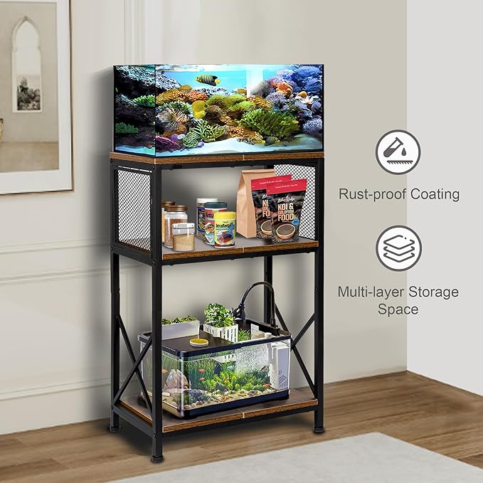 10 Gallon Fish Tank Stand, Aquarium Stand with 3-Tier Storage Shelves, Rustic Brown Metal Frame Turtle Tank,Adjustable Height Design (10 Gallon)