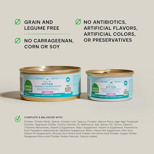 Open Farm Canned Kitten Food, Paté for Complete & Balanced Nutrition, Grain-Free and Legume-Free Wet Kitten Food, Chicken & Salmon Recipe, 2.8oz Cans (Case of 18)