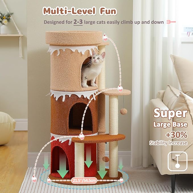 PETEPELA 43'' Cat Tree for Indoor Large Cats, Cat Bed House with 3 Large Cat Condos and Sisal Covered Scratching Posts for Kittens,Browm