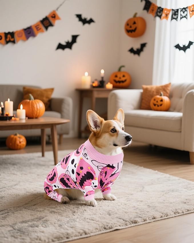 PET SHOW 4 Pack Halloween Small Dog Pajamas for Medium Dogs Onesie Pumpkin Ghost Soft Fleece Stretchy Jumpsuit Costume Boy Girl Pets PJs with Sleeve Clothes(L)