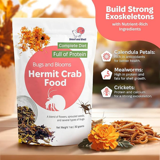 Bugs and Blooms Hermit Crab Food - 1 oz - 30 Grams - Whole Food Diet for Hermit Crabs - Seeds, Bugs and More by Snout and Shell