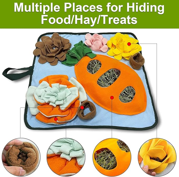 Adpartner Rabbit Foraging Mat Bunny Toys, 20"x20" Rabbit Snuffle Mat Interactive Feeding Game, Washable Bunny Hay Feeder Treat Dispenser Foraging Toys for Rabbits Guinea Pigs Chinchillas Ferrets