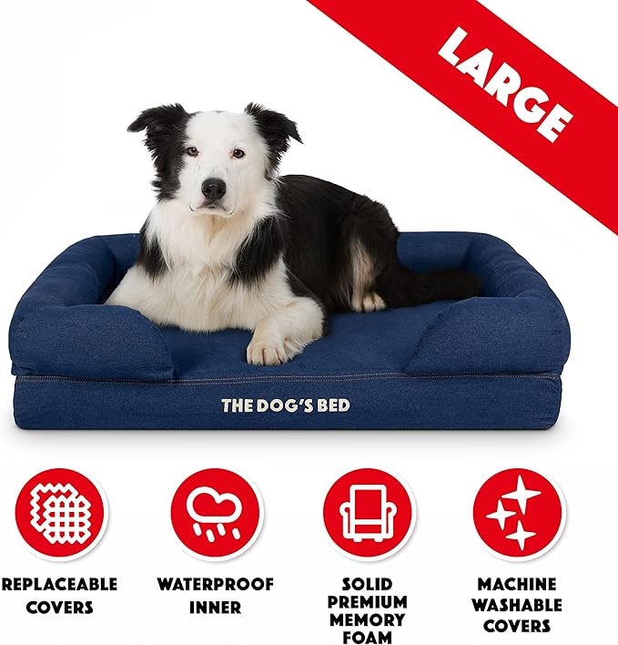 The Dog’s Bed, Large Blue Denim 36x27, Memory Foam, Pain Relief: Arthritis, Hip & Elbow Dysplasia, Post Surgery, Lameness, Supportive, Calming, Waterproof Washable Cover, Veterinary Approved