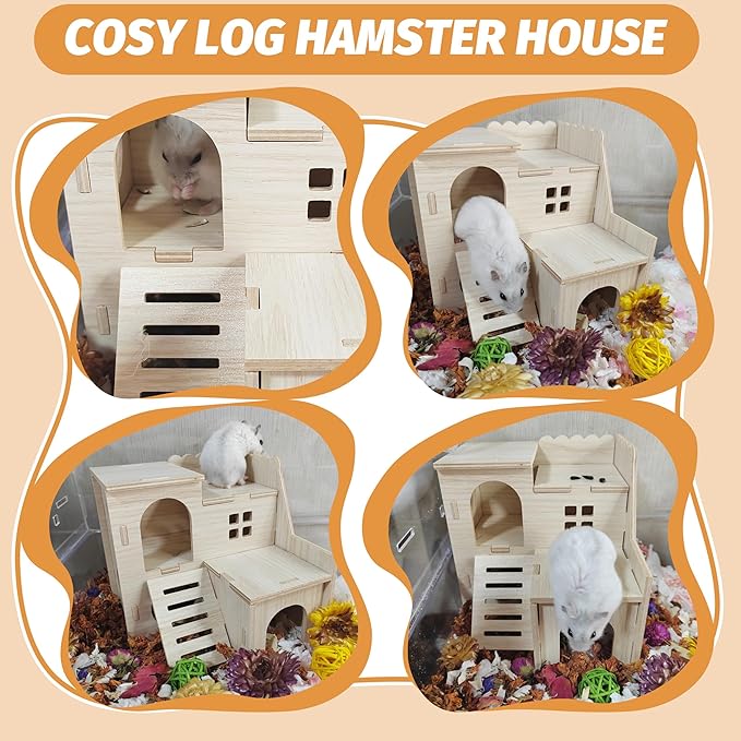 Hamster House - Double-Decker Hut With Slide, Guinea Pig Castle, Cage Accessories, Small Animal Habitat Decor