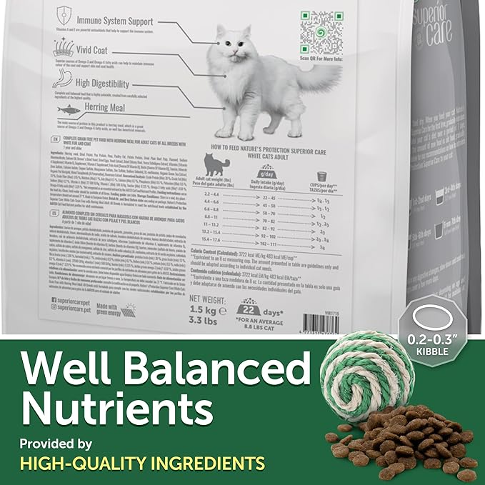 Nature's Protection Dry Cat Food - Grain Free, High Protein Cat Food Dry Kibble for Indoor Adult Cats with Light Fur - Sensitive Stomach, No Tear Stains & Hairball (Superior Care - Herring, 3.3 lb)