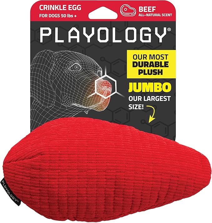 Playology Dog Toys | Plush Toy Crinkle Egg for Dogs | Jumbo Beef Scented Toy - Easy to Clean and Made from Non Toxic Materials