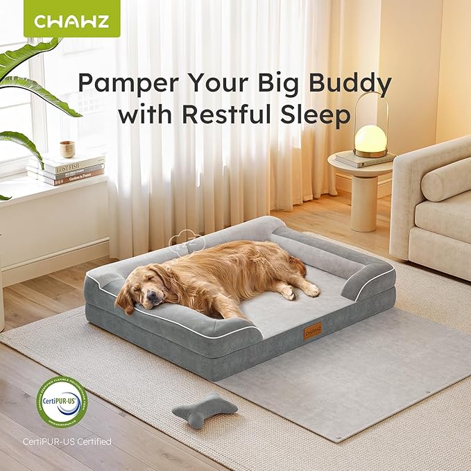 Jumbo Dog Bed for Extra Large Dogs, Orthopedic Dog Beds with Cooling Gel Memory Foam, Waterproof Pet Bed with Removable Washable Cover, 45" Pet Sofa Couch Dutch Velvet with Blanket Bone Toy