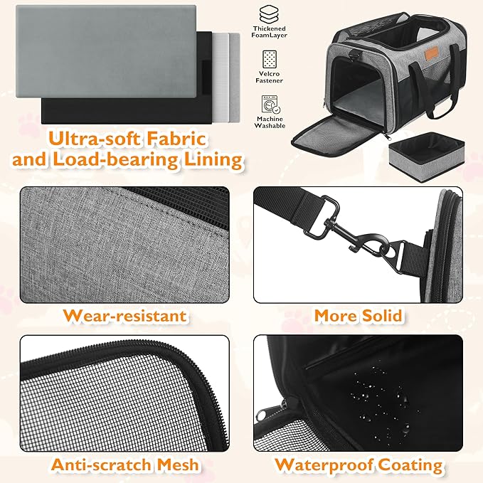 PETUX TSA Approved Pet Carrier in Cabin, 17"x11"x9.5" Cat Travel Carrier with Litter Box for Small Cats up to 12 lb, Portable Breathable Airline Approved Cat Carriers for Travel and Vet Visit, Grey