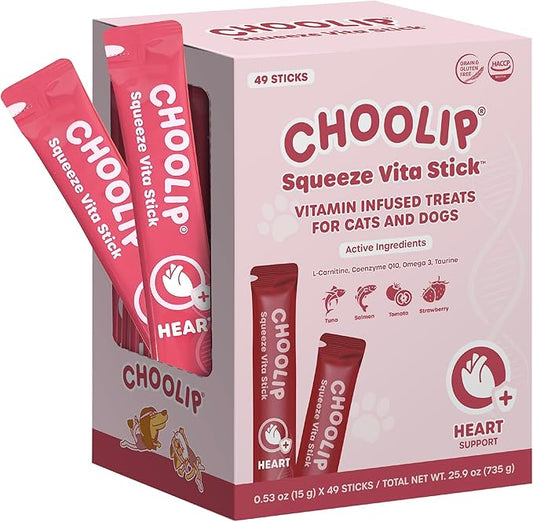 Squeeze Vita Stick Lickable Cat and Dog Treats – 49-Count Heart Support Sticks with Multivitamins, Soft Squeezable Paste for All Life Stages, Supporting Heart Health