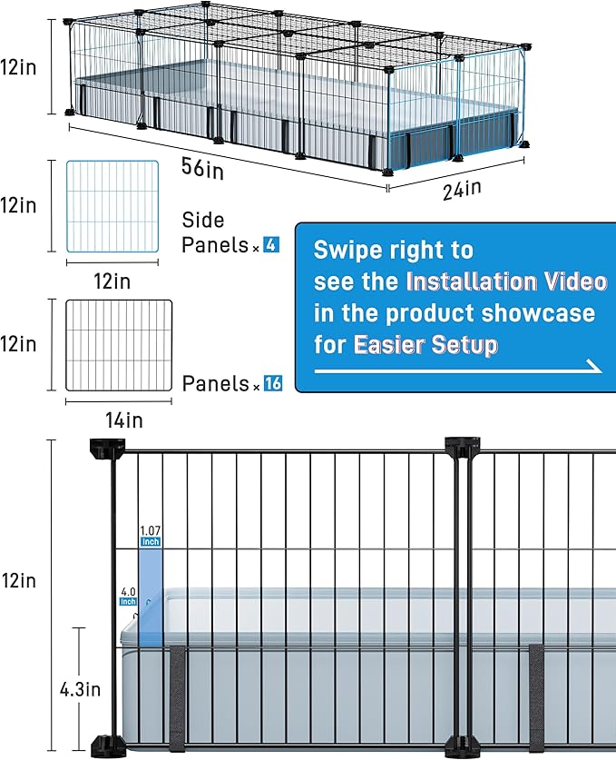 BUCATSTATE 20 Panels Guinea Pig Cages, Rabbit Cage Indoor with Waterproof Mat, Small Animal Playpen with Door for Guinea Pigs, Bunny, Hedgehogs, Chickens, Chinchillas (56" L x 24" W x 12" H)